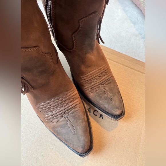 Like New, With Box Liberty Black Brown Fringe Trim Heeled Ophelia Cowboy Boots - Picture 10 of 17